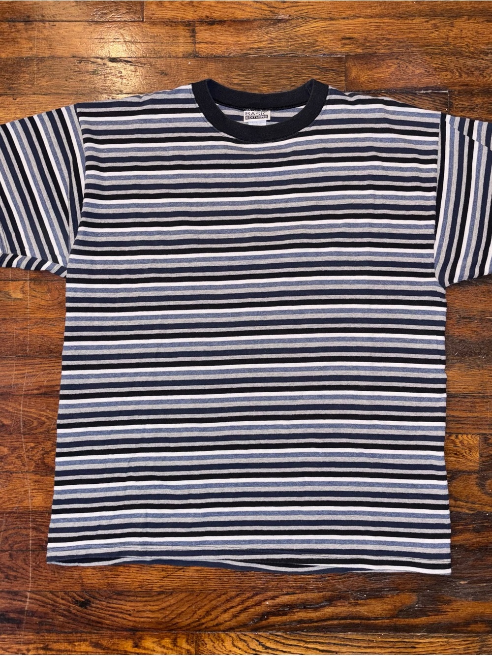 VTG 90s Basic Editions Navy Gray White Striped Short Sleeve Crewneck Men’s LG